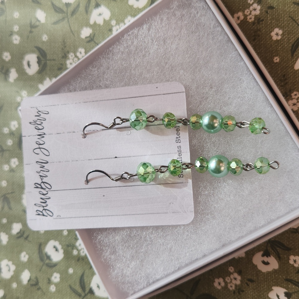 Handmade Long Green Glass Bead and Stainless Steel Earrings